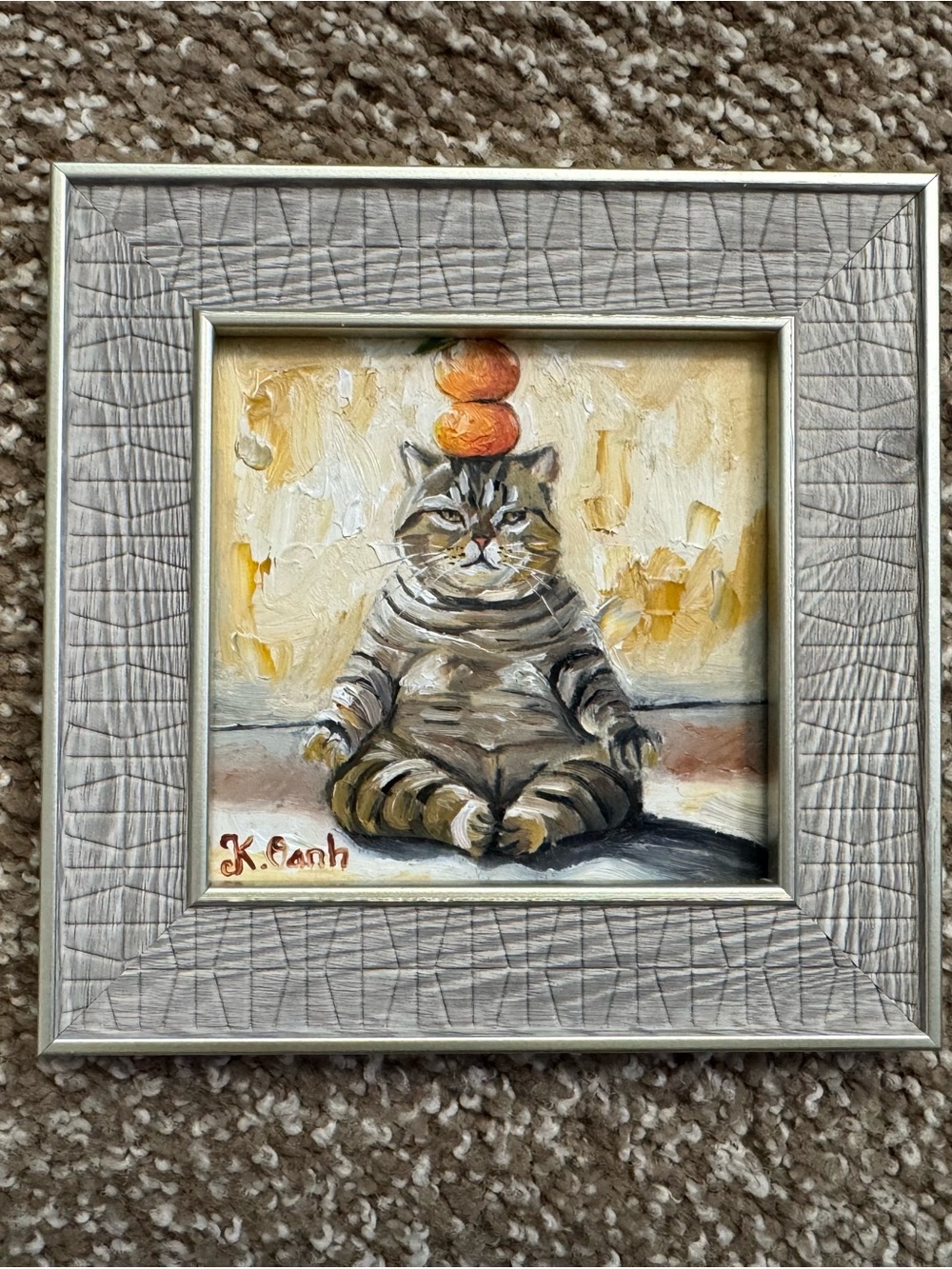 Original oil painting tabby cat doing yoga signed framed 4x4 inches - Picture 3 of 5